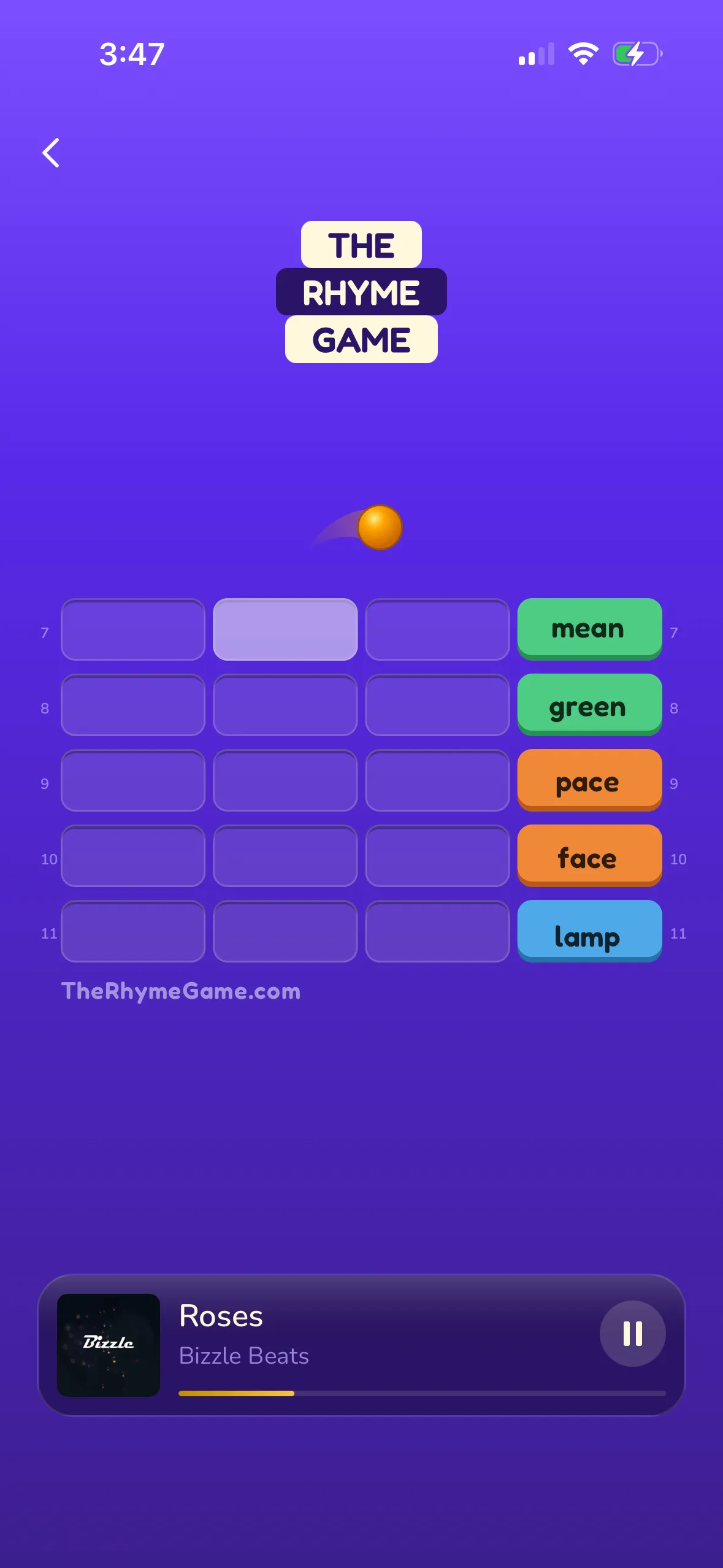 The Rhyme Game in play: rhyming words land on the fourth beat of each bar over a Bizzle Beats track.