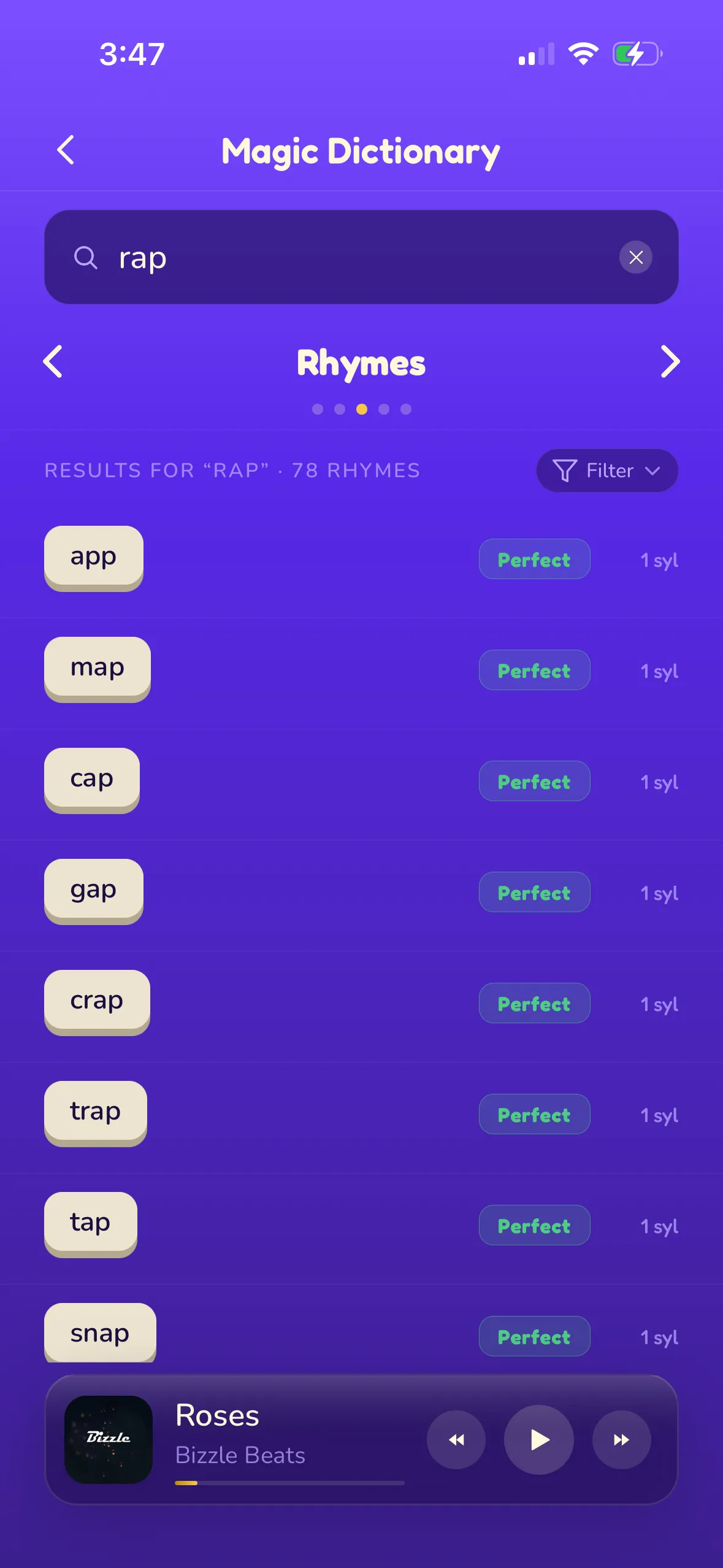The Magic Dictionary showing 78 perfect rhymes for the word 'rap'.